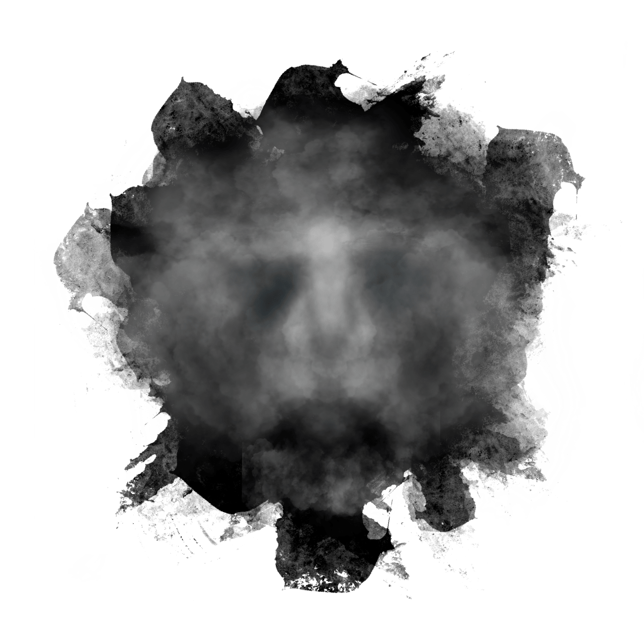 A black ink stain with grey smoke forming a spooky face