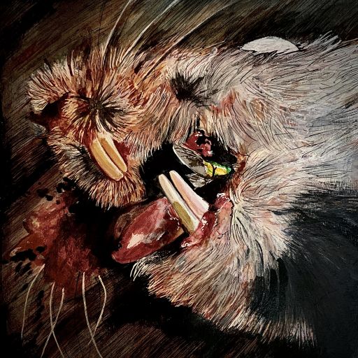 A dead rat with milky eyes has a shiny fly crawling over its mouth