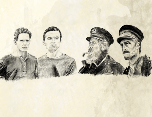 A yellowed page with black and white sketches of Mac and Dennis from It's Always Sunny in Philadelphia and Thomas and Ephraim from The Lighthouse