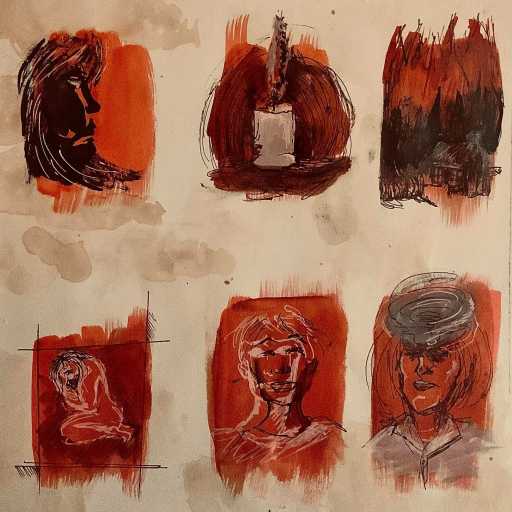 A yellowed page with multiple red sketches of people suffering