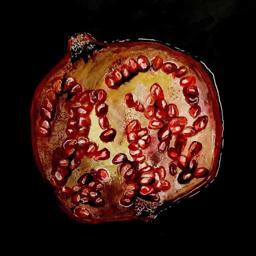 Oil painting of a pomegranate split in half, very spooky
