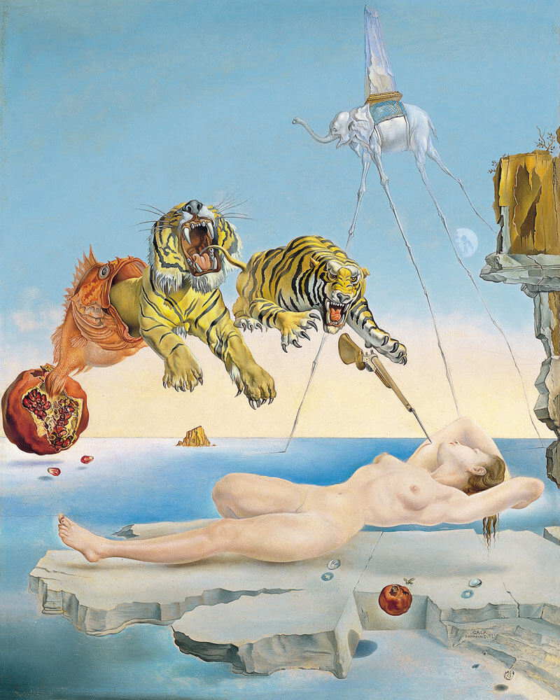 A surrealist painting of a naked woman dreaming next to a pomegranate and a bee.