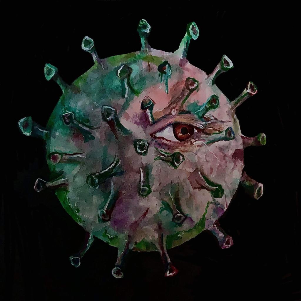 An illustration of a germ looks into the distance with its sole, human eye