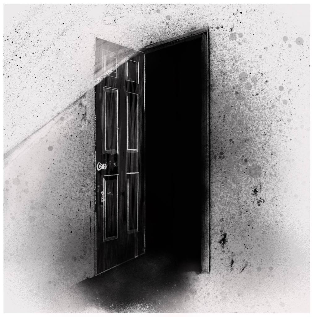 An open door out of which pours pure darkness