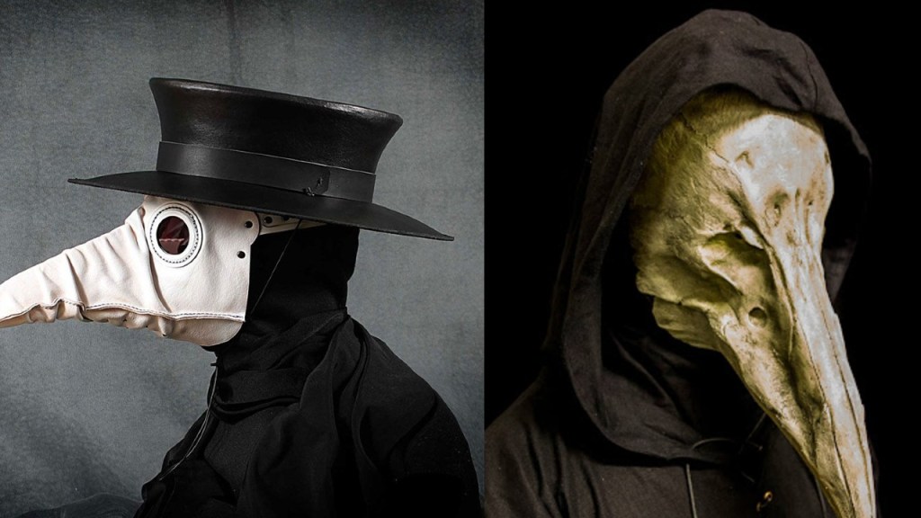 A white plague mask wearing plague doctor is next to a hooded bone plague mask doctor