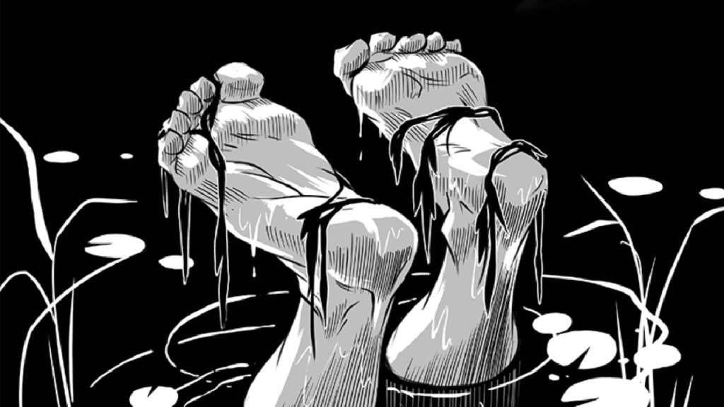 Two feet bob in a lake, covered in water plants