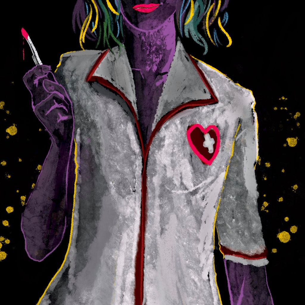 A chalk drawing of a woman in a nurse's costume shows only her mou