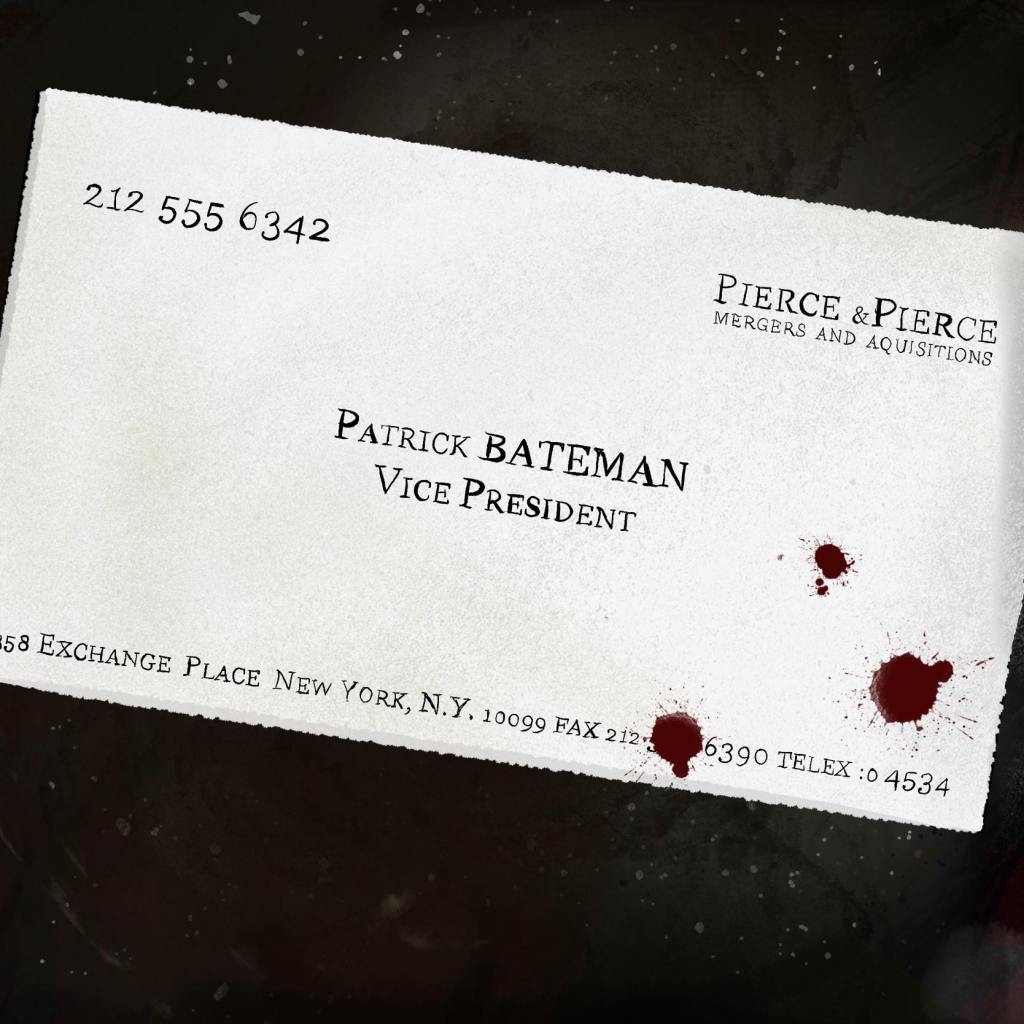 A business card that reads Patrick Bateman Vice President, flecked with blood