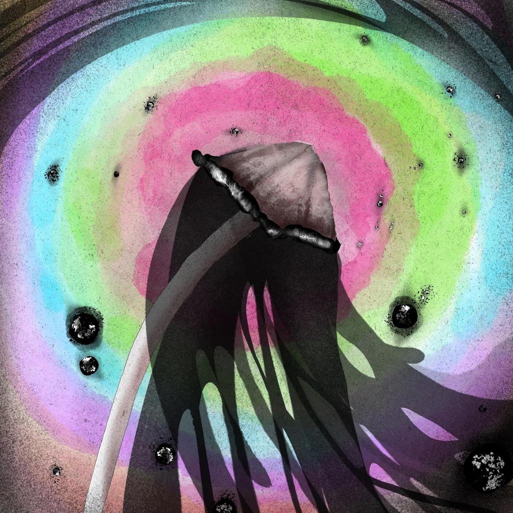 An ink drawing of a mushroom oozing shadow with a psychadelic background