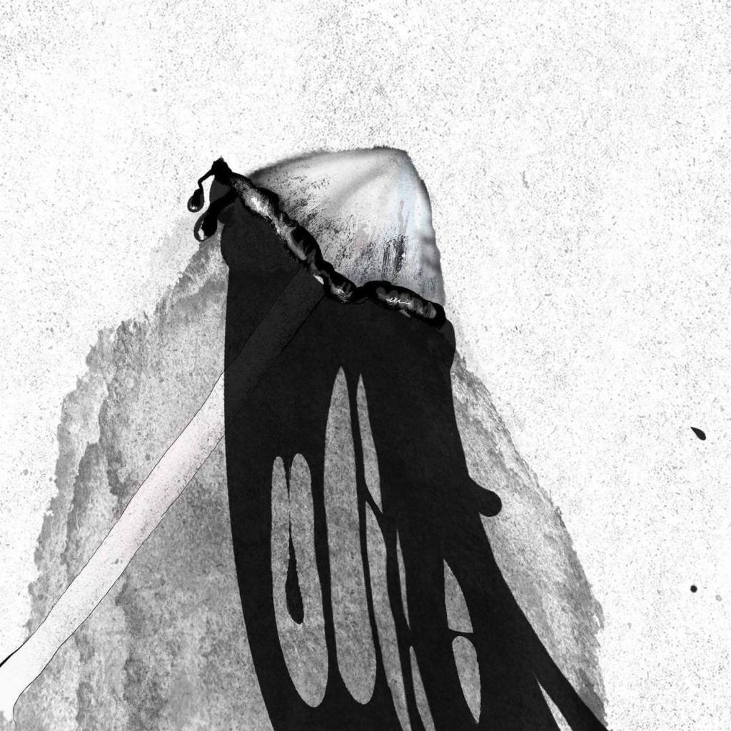 An ink drawing of a mushroom oozing black liquid