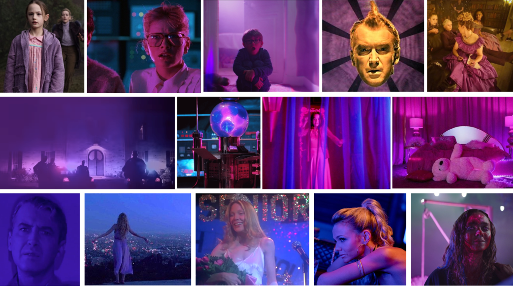 A collage of screenshots from horror movies that heavily use purple, including The Haunting of Bly Manor, Color out of Space, Vertigo, American Horror Story, From Beyond, Suspiria, Cam, Neon Demon, Carrie, and Promising Young Woman