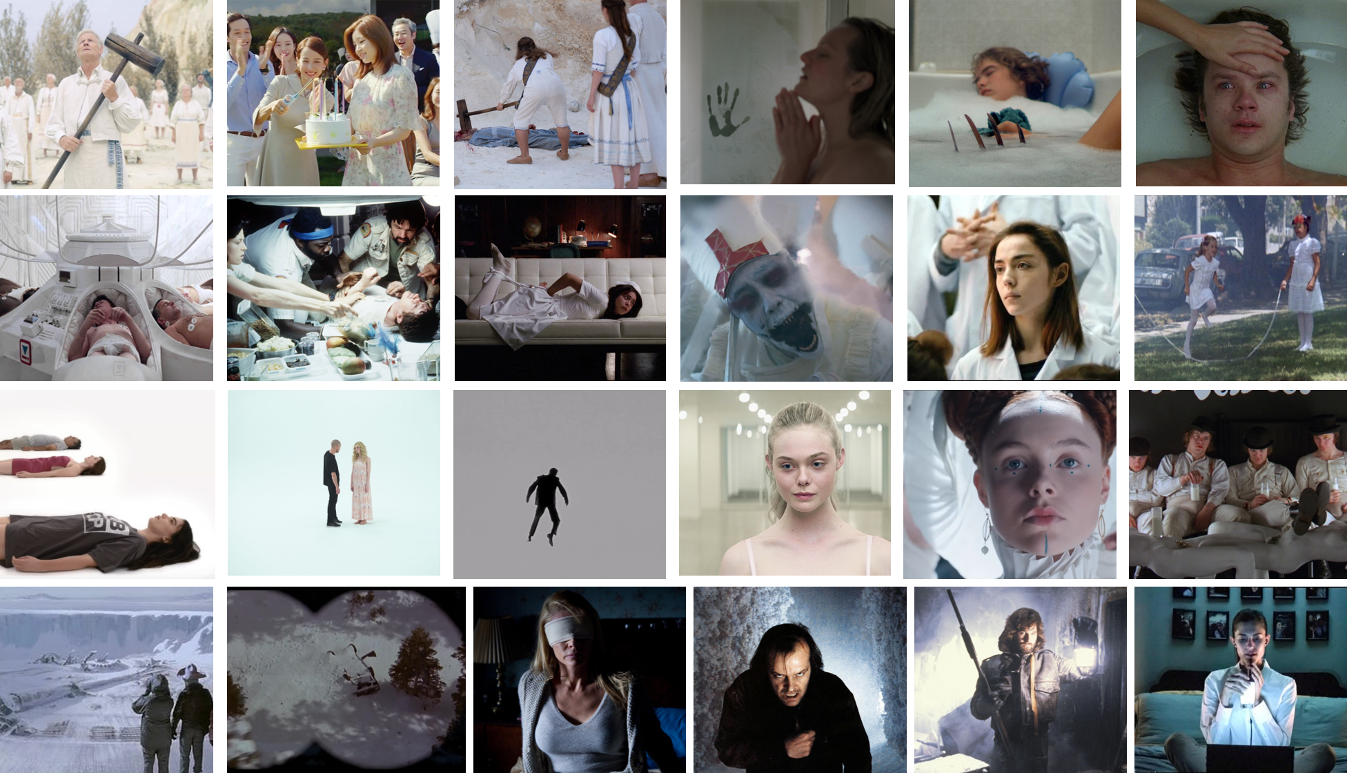 A collage of screenshots from horror movies that heavily use white, including Midsommar, Parasite, The Invisible Man, Nightmare on Elm Street, Jacob's Ladder, Alien, American Horror Story, Spectros, Raw, Horse Girl, Neon Demon, Vertigo, Green Knight, A Clockwork Orange, The Thing, Misery, Julia's Eyes, The Shining, and Get Out.