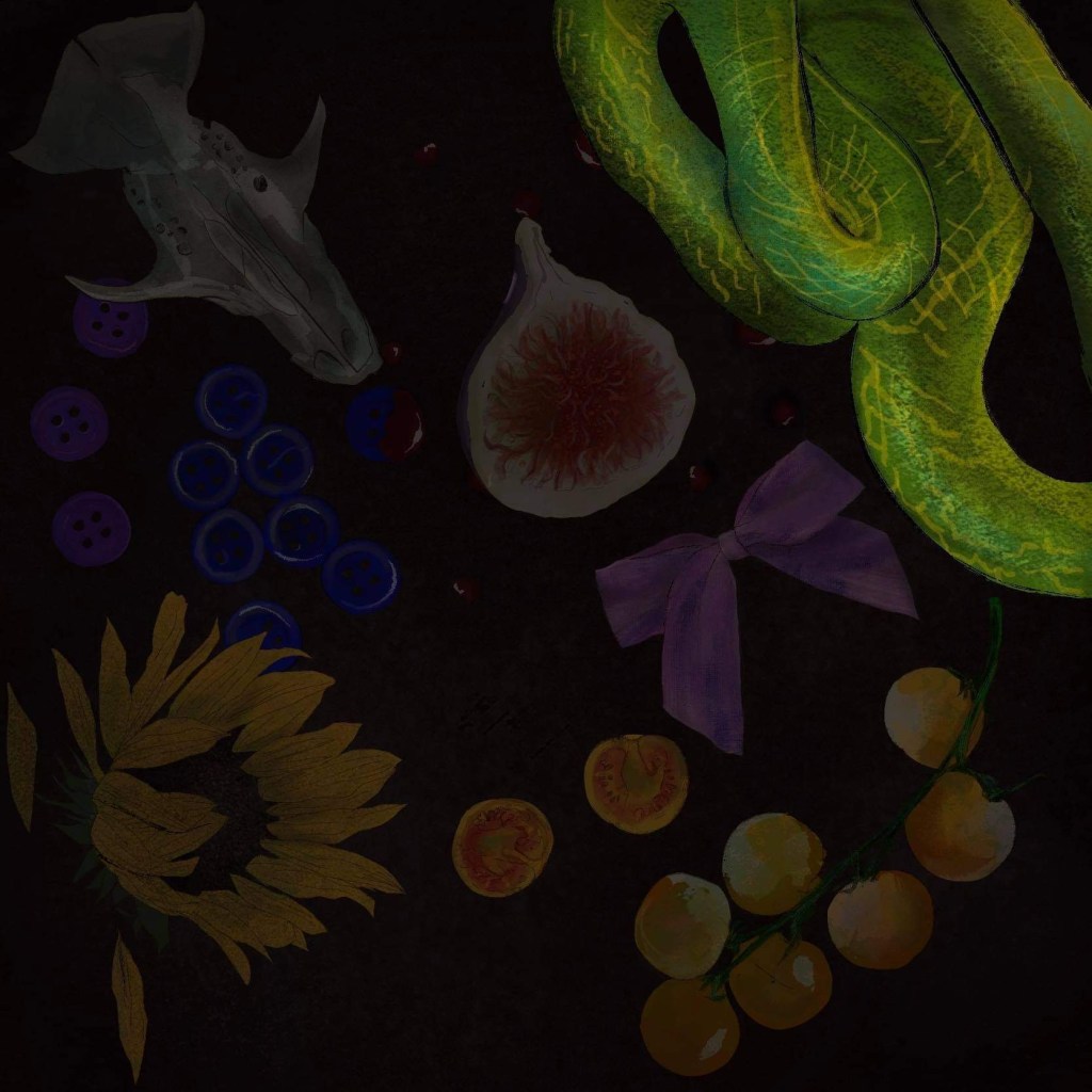 A collage drawing that features buttons, a skull, a sunflower, tomatoes, a fig, a snake, and a bow, highlighing the green snake