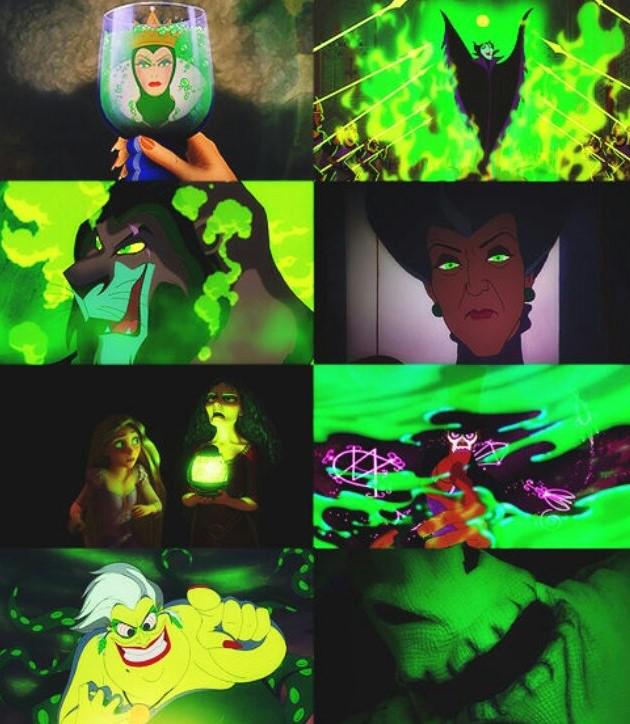 A collage of Disney villains lit by lime green light. From left to right, top to bottom: the evil queen, Maleficent, scar, Lady Tremain, Mother Gothel, Dr. Facilier, Ursula and Oogy Boogy