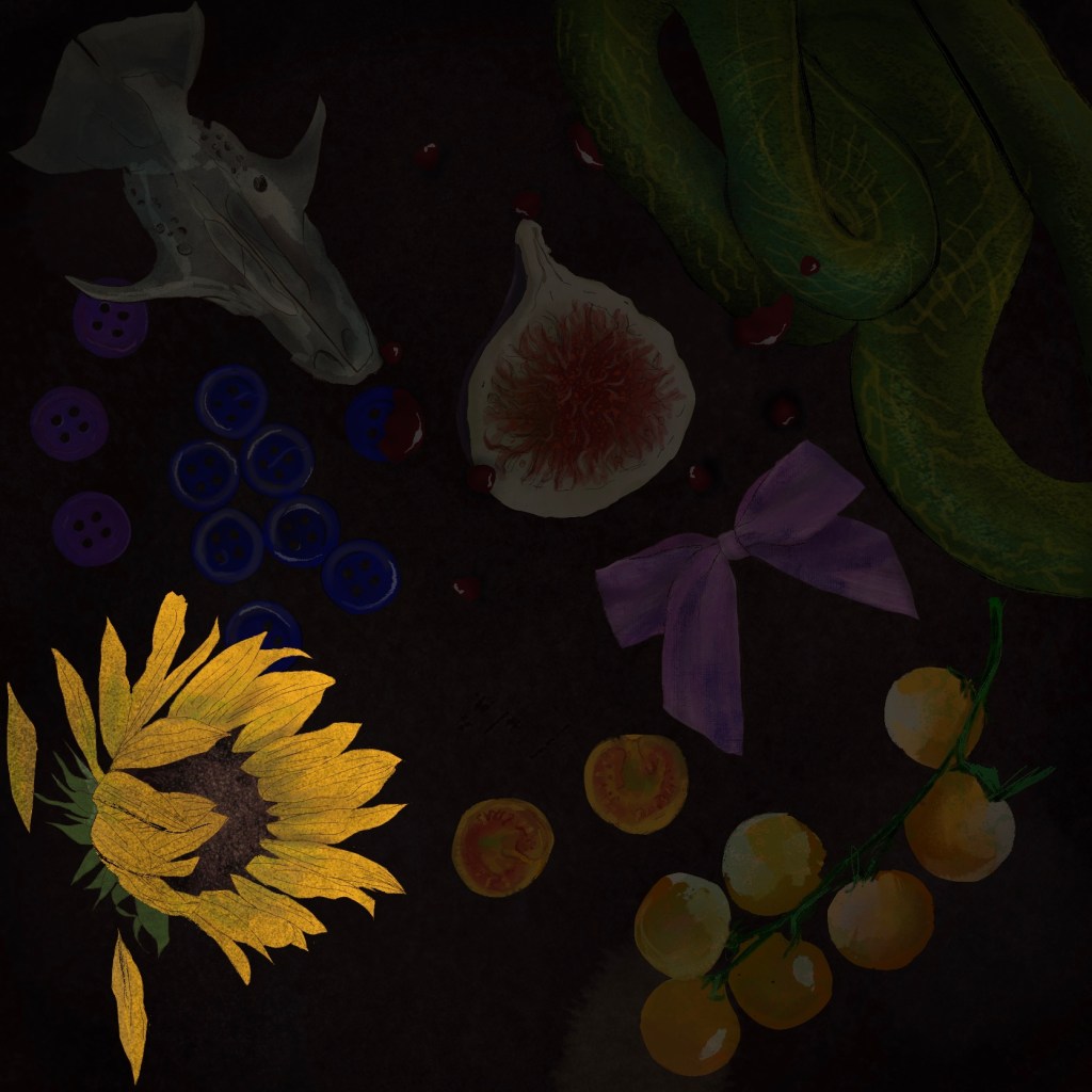 A collage drawing that features buttons, a skull, a sunflower, tomatoes, a fig, a snake, and a bow, highlighting the yellow sunflower