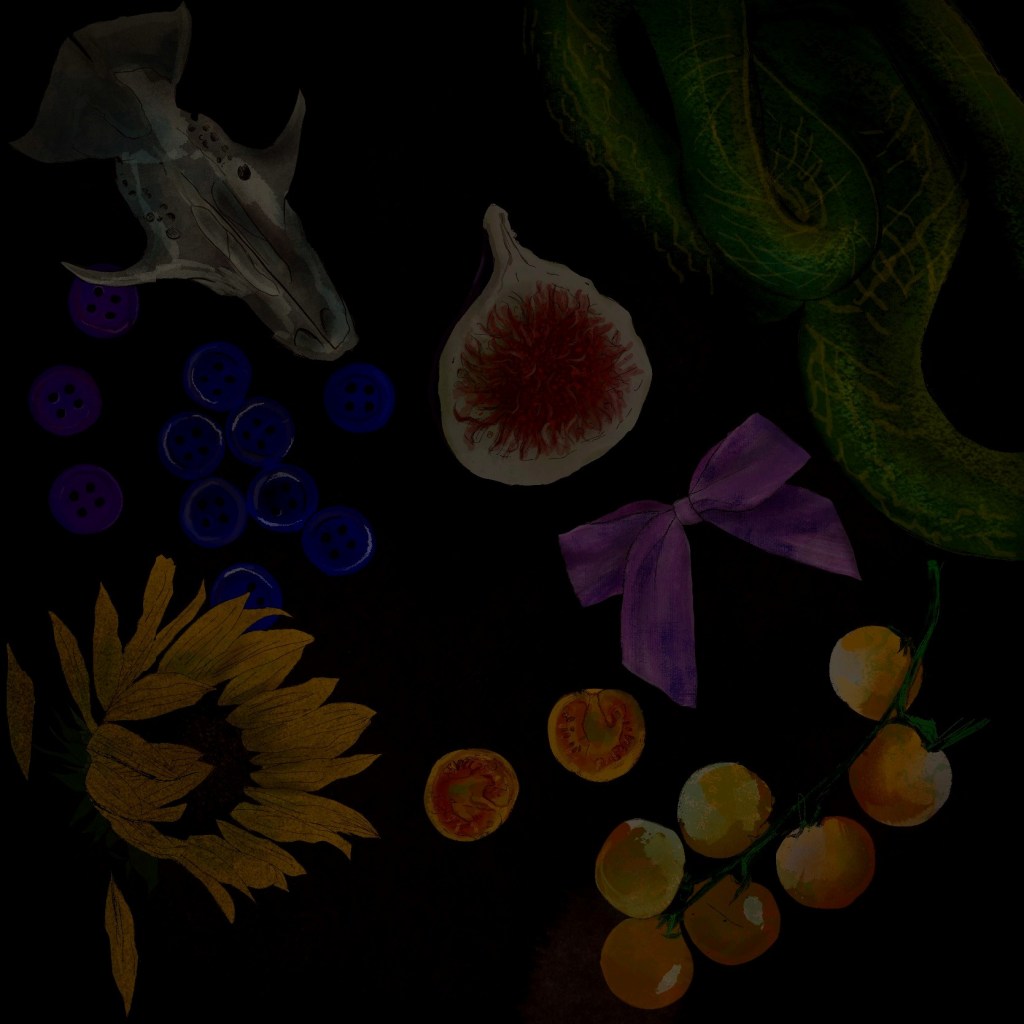 A collage drawing that features buttons, a skull, a sunflower, tomatoes, a fig, a snake, and a bow