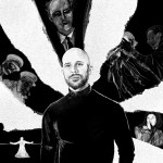 A caucasian man standing in front of a collage of movies.