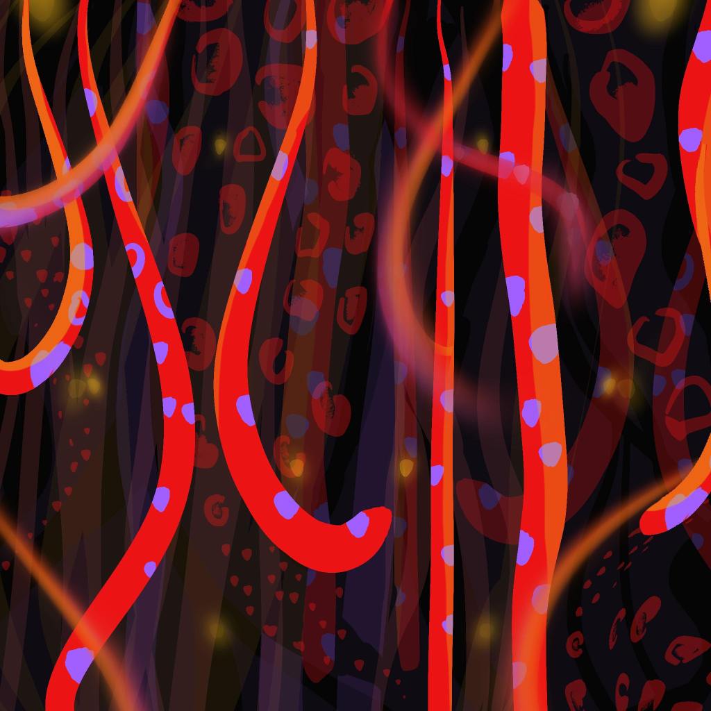 A brightly colored picture of tentacle-like plants