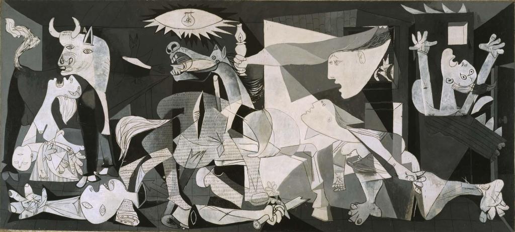 Pablo Picasso's Guernica, a monochromatic scene of various people and animals suffering.