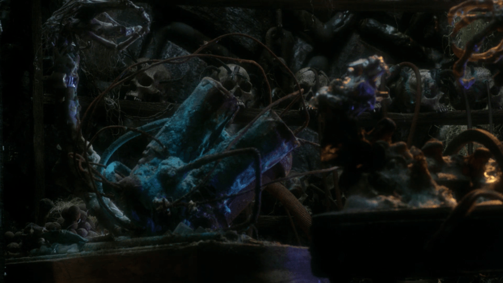 A dark, dirty laboratory with skulls on the walls.