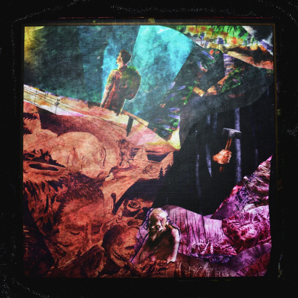 A collage of a man in a cave with spooky creatures surrounding him.