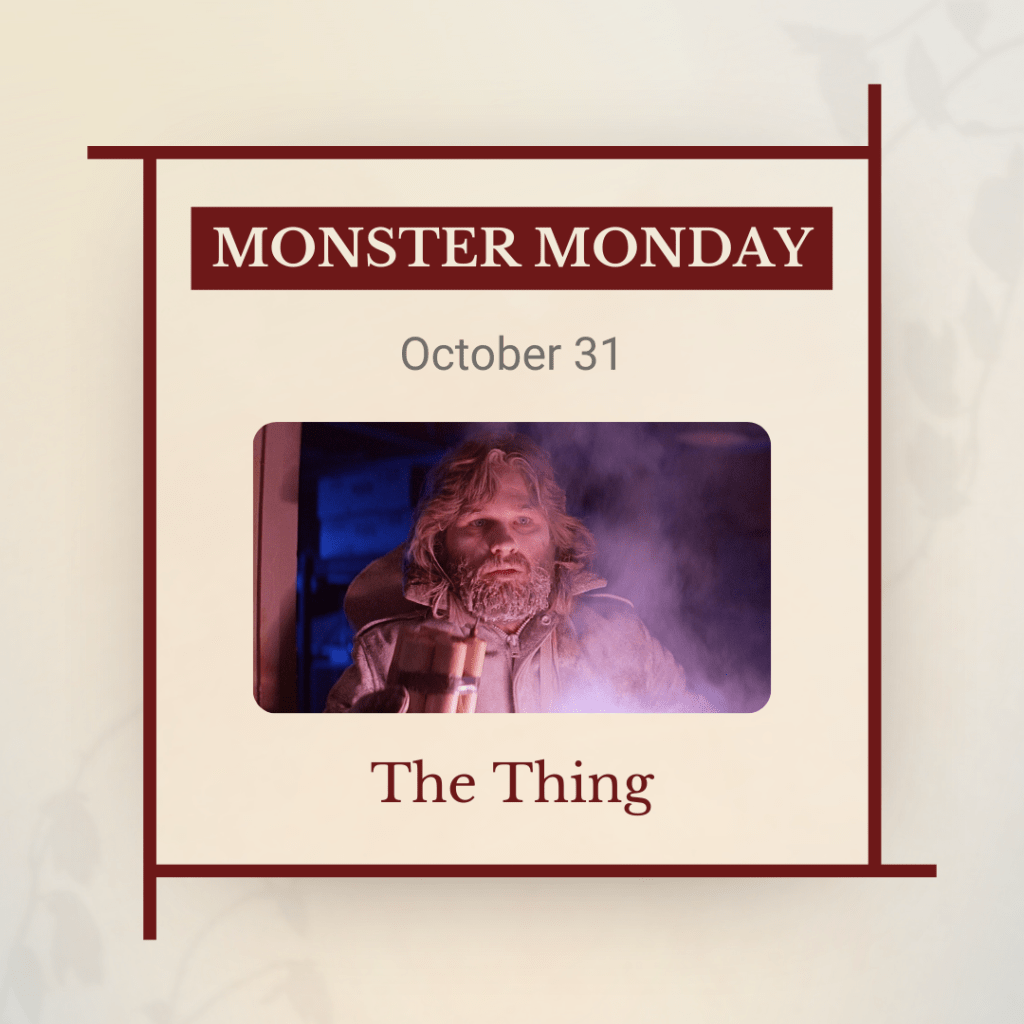 Monster Monday, October 31: The Thing, a photo of a man with a icy beard, holding a stick of dynamite and a lit flame.