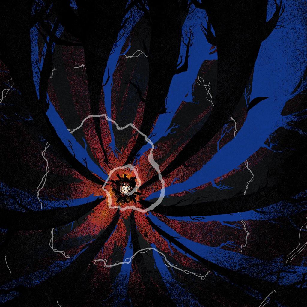 A swirling campfire surrounded by spooky figures.