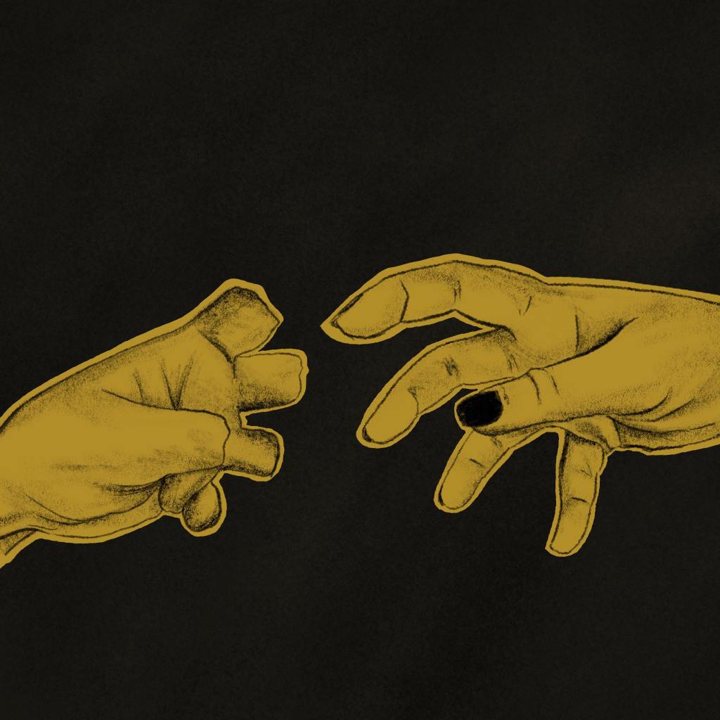 A sketch of a pair of hands, one reaching towards the other, which is missing fingers.