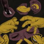 A disturbing sketch of disembodied body part in states of discomfort: an eye being licksed and poked, a hand with missing fingers, an ear being sniffed, fingers jammed up someone's nostrils.