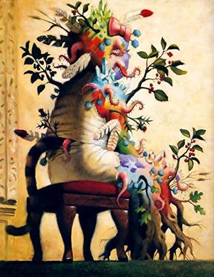 A girl whose body is morphed into multiple textures including plants, feathers, technicals, and fur.