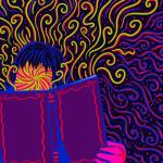 A young child reads a book, their face a swirl of the same psychadelic colros as the background.