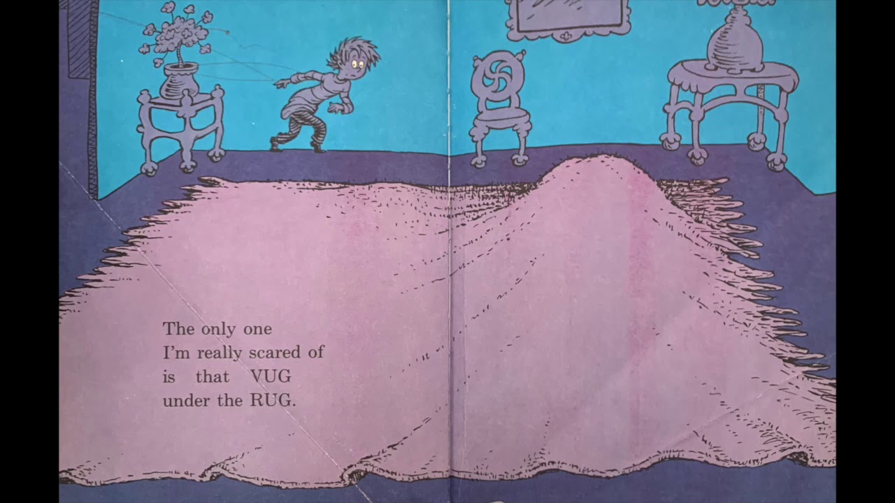 A boy sneaks through a darkened room around a lump under the rug. Text reads: "The only one I'm really scared of is that vug under the rug."