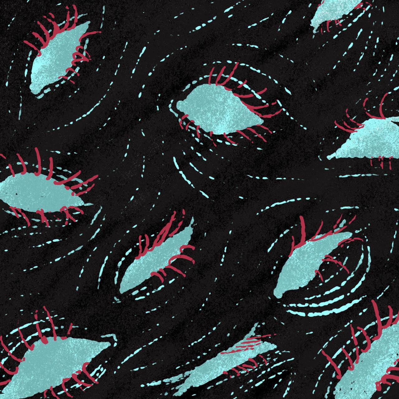 a black pool with eyes floating in it, squinting and lacking irises and pupils.