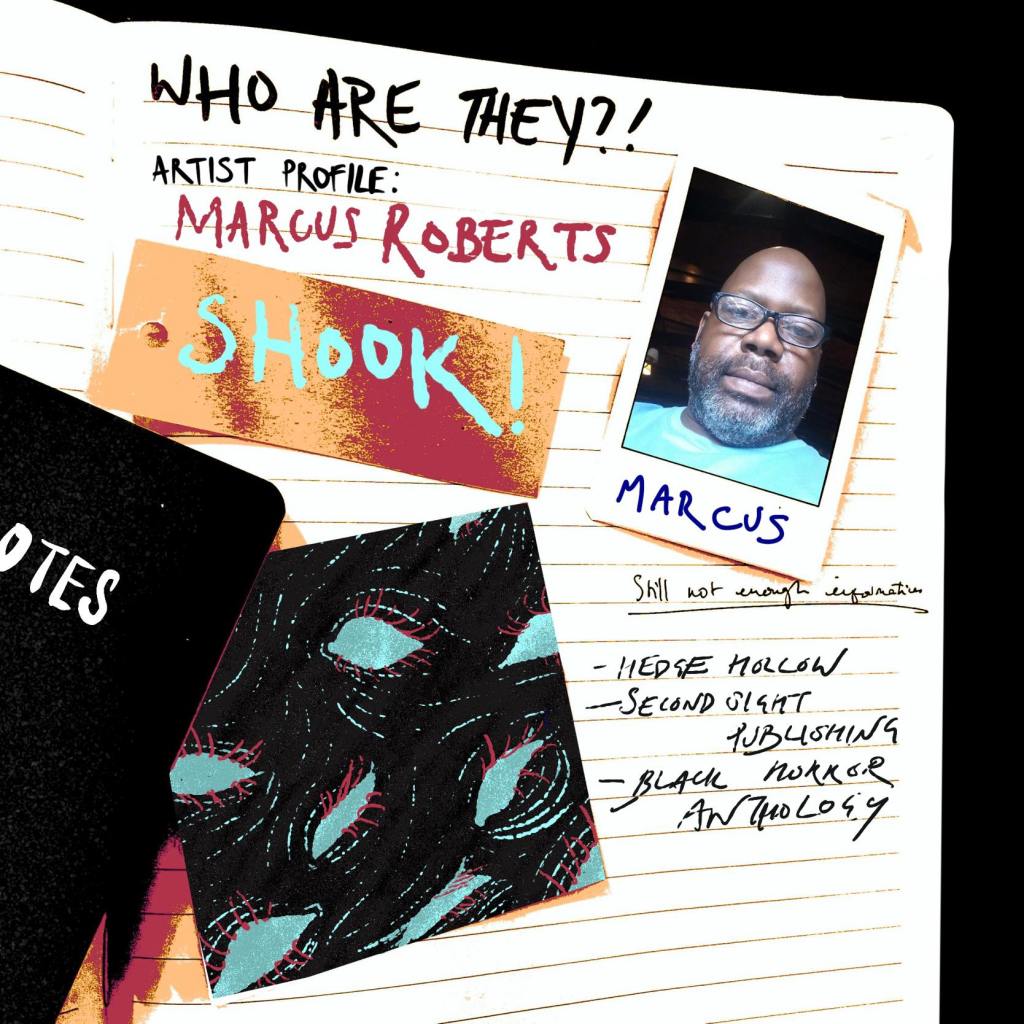 Artist profile: Marcus Roberts, with links to Shook, a photo of Marcus, and notes about Marcus's projects Shook, Hedge Hollow, Second Sight publishing.