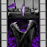 A glamorous actress walks through a parking lot unaware that a graboid beneath is coming up to eat her.