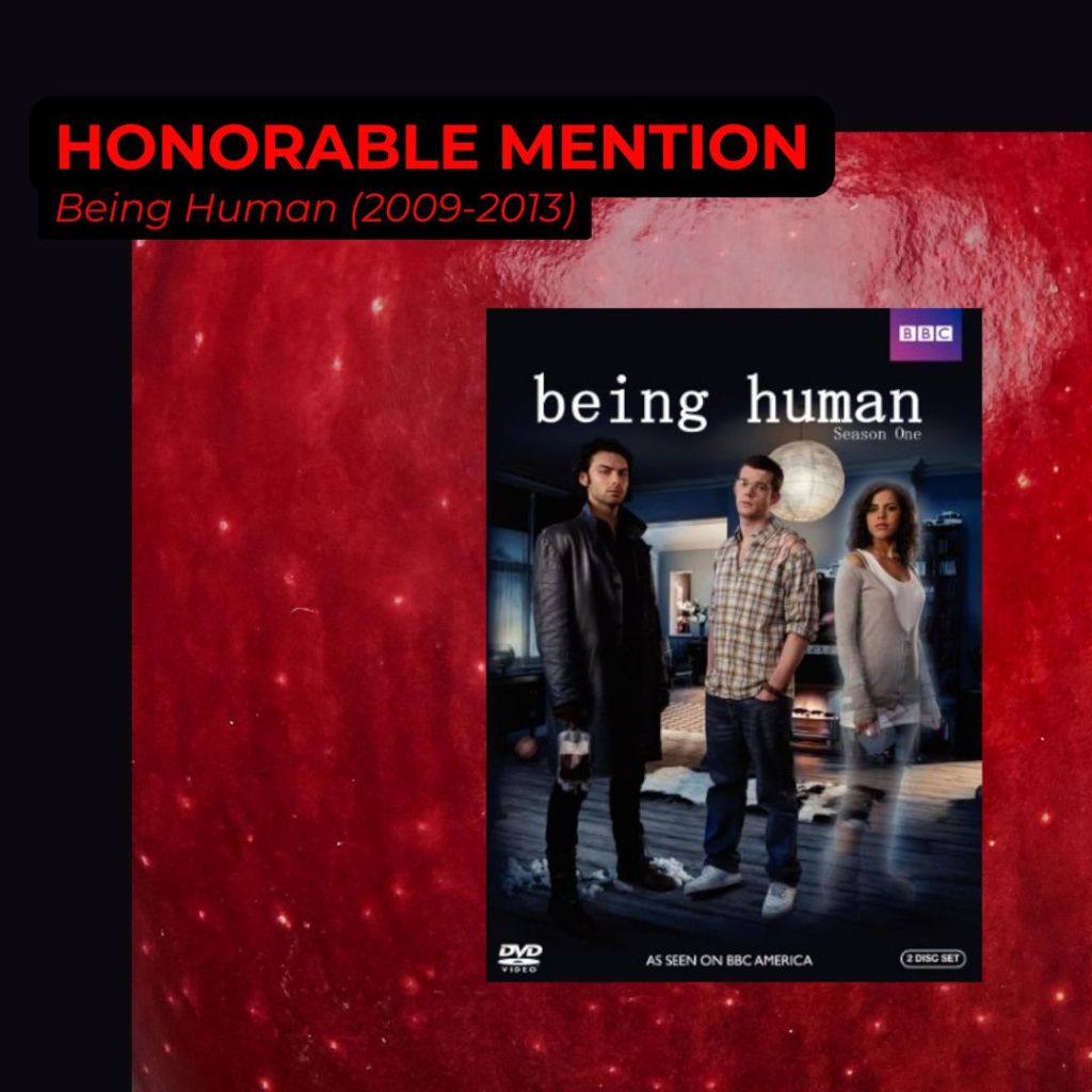 Poster of being human on blood-red background.