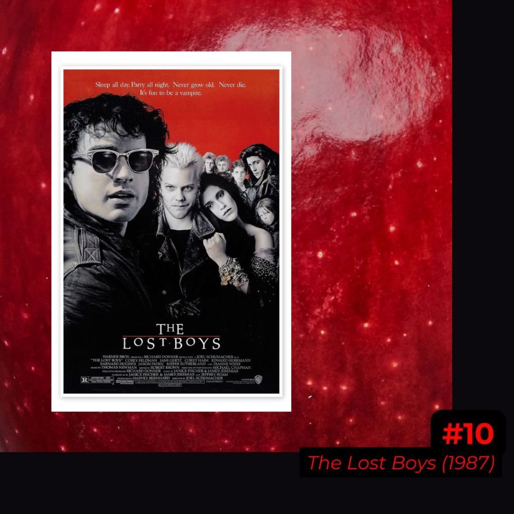 Poster of the lost boys on blood-red background.