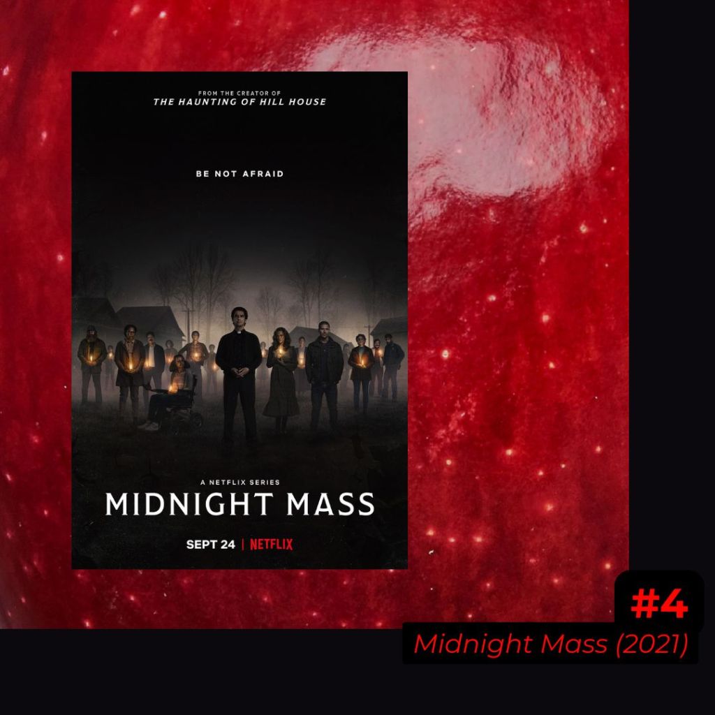 Poster of midnight mass on blood-red background.