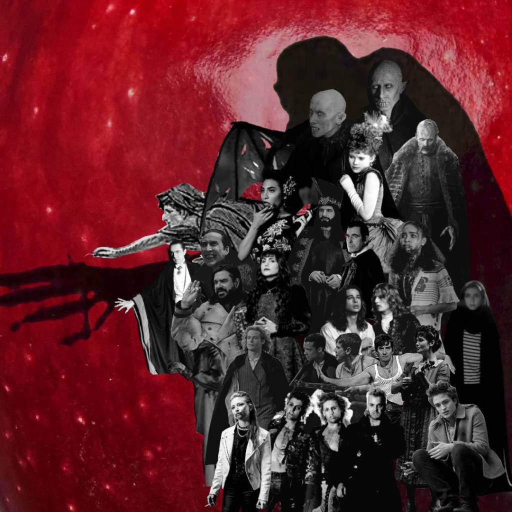 a collage of several movie vampires reaching a shadowy hand with a blood-red background.