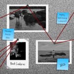 Detective-style cork board with a photo of Ned Caderni and stills from him film, Worm.