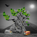collage of a tree in black and white. in color are its leaves, several molting cicadas, a picnic basket, and a doll. The sun looks bright as a bird flies overhead.
